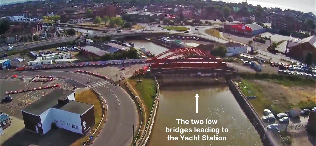 The two low bridges leading to Yarmouth Yacht Station